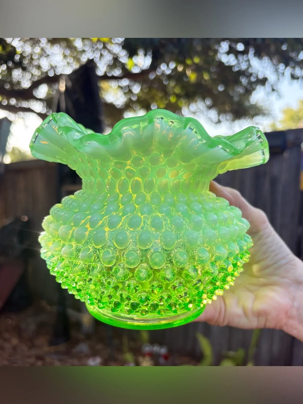 Fenton Rose Bowl Lime Green Opalescent Hobnail Glows!